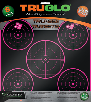 TruGlo Tru-See TG11P6 5-Bull Splatter 12"x12" Self-Adhesive Paper Target - Black/Pink 6 Pack