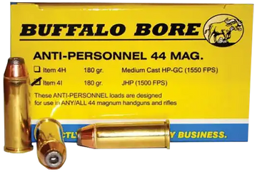 Buffalo Bore Ammunition 4I20 Anti-Personnel Strictly Business 44 Rem Mag 180gr Jacketed Hollow Point 20 Rd Box - Box or Case