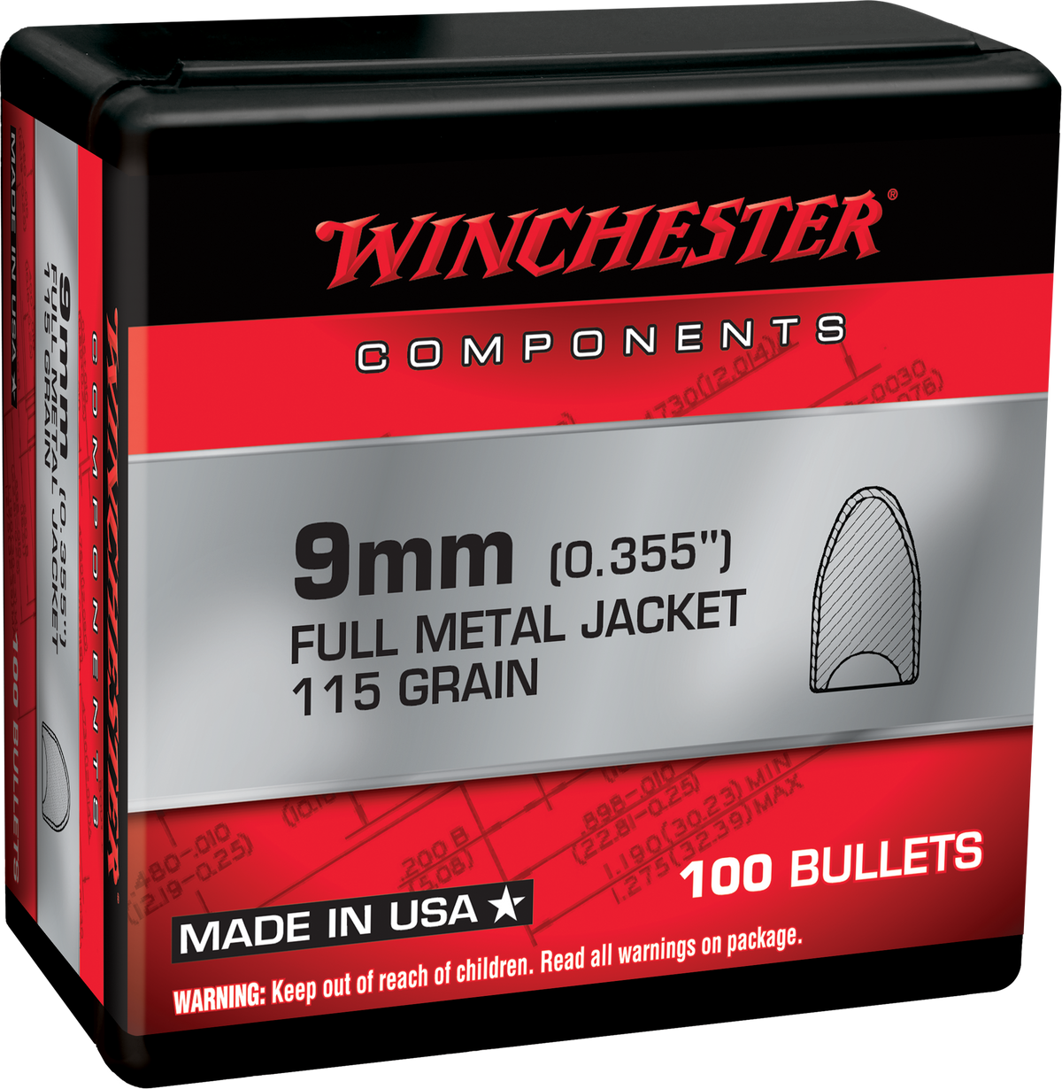 Winchester Ammo Centerfire Handgun 9mm 115gr Full Metal Jacket Flat Base Reloading Bullets - 100/Box