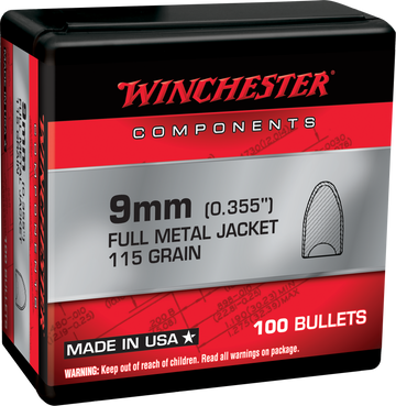 Winchester Ammo Centerfire Handgun 9mm 115gr Full Metal Jacket Flat Base Reloading Bullets - 100/Box