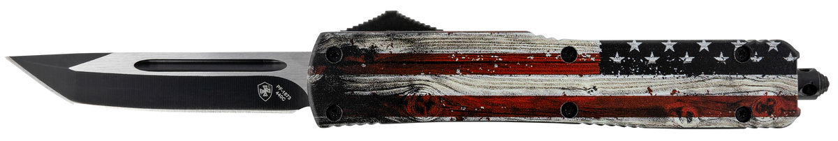 Templar Knife MWUS231 Gen II Wood US Flag Slim 3.43" OTF Tanto Plain Black Oxide Stonewashed 440C 5.05" US Flag Aluminum Handle Glass Breaker