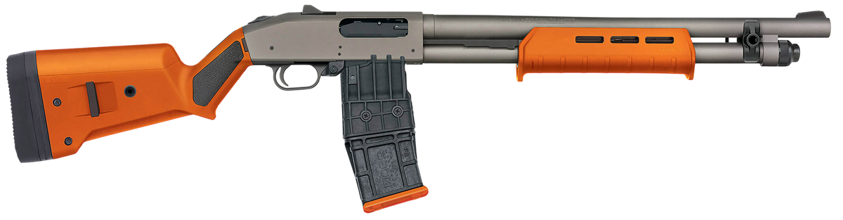 Mossberg 590M 12 Gauge 18.5" 10+1 Pump-Action Shotgun - Tungsten Gray Cerakote - Magpul SGA Orange Stock