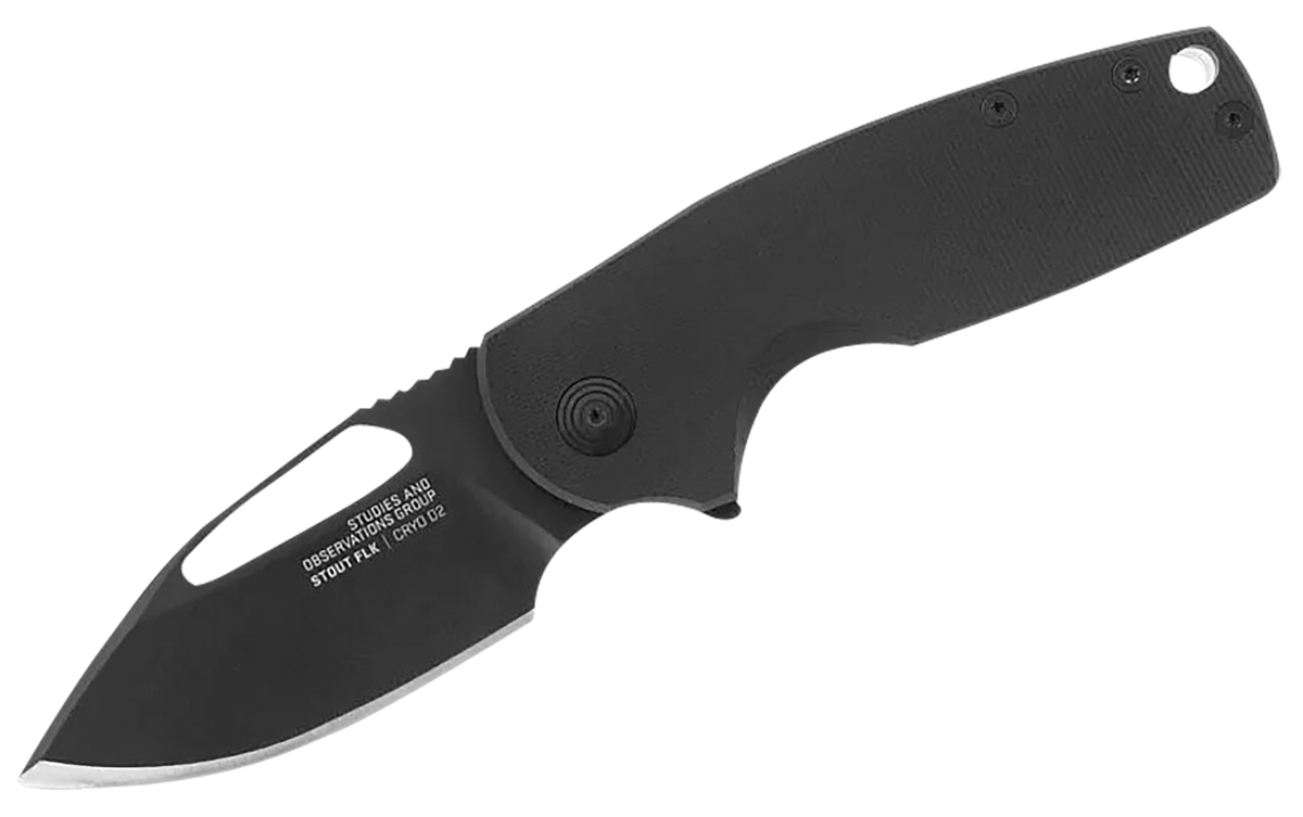 S.O.G Stout FLK 2.62" Folding Clip Point Plain Black TiNi Cryo D2 Black G10 Handle
