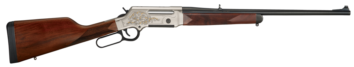 Henry H014D243 Long Ranger Deluxe Engraved 243 Win 20" 4+1 Lever-Action Rifle - Nickel-Plated w/24K Gold Inlay, American Walnut