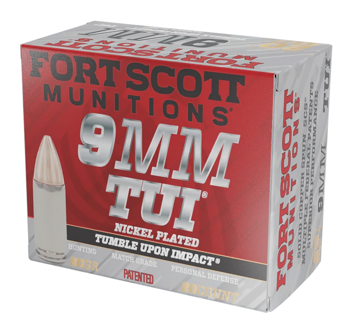 Fort Scott Munitions Tumble Upon Impact (TUI) 9mm Luger 80gr Solid Copper Spun - Box or Case