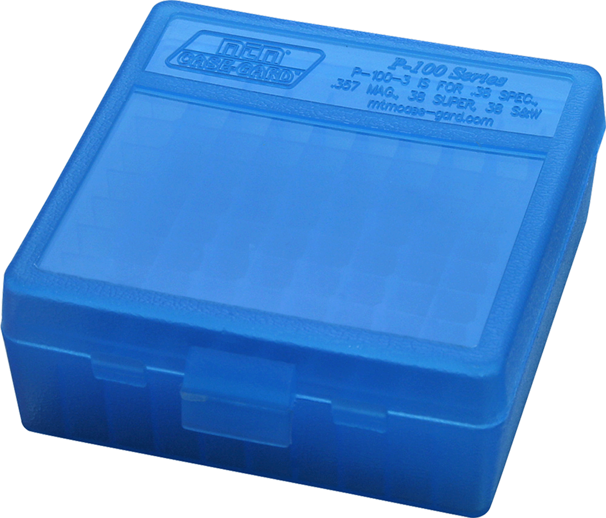 MTM Case-Gard P-100 Flip-Top 38 Special/357 Magnum 100rd Clear Blue Polypropylene Ammo Box