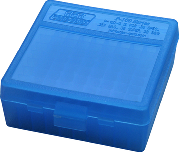 MTM Case-Gard P-100 Flip-Top 38 Special/357 Magnum 100rd Clear Blue Polypropylene Ammo Box