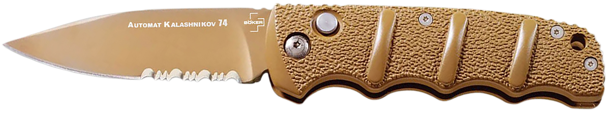Boker Kalashnikov 3.35" Spear Point Plain/Serrated D2 Automatic Knife - Desert Aluminum Handle