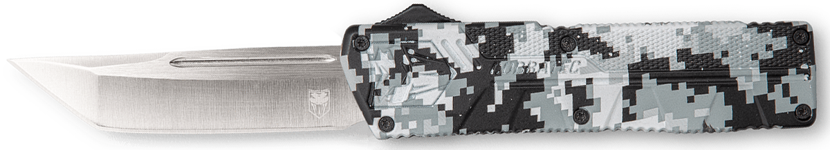 CobraTec Lightweight 3.25" OTF Tanto Plain D2 Steel Winter Digi Camo Aluminum Handle