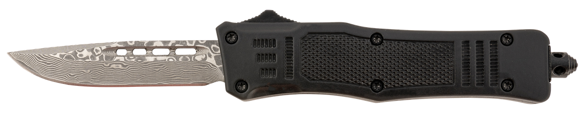 Steel River Knives Spartan Mini 2.75" OTF Drop Point Plain Real Damascus 4.25" Black Aluminum Zinc Alloy Handle