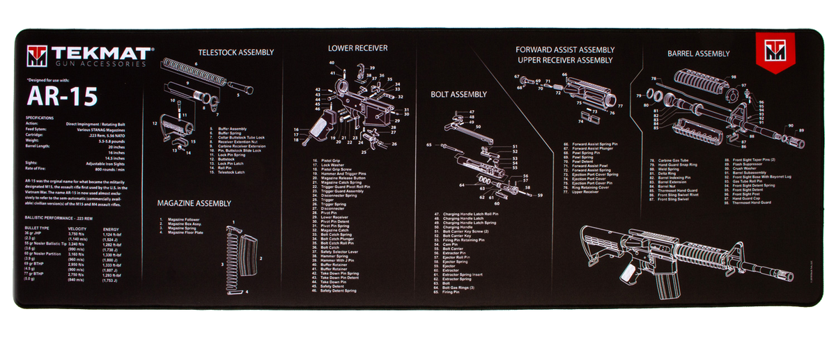 TekMat Ultra 44 AR-15 Cleaning Mat Black/White 15"x44" Rubber Parts Diagram