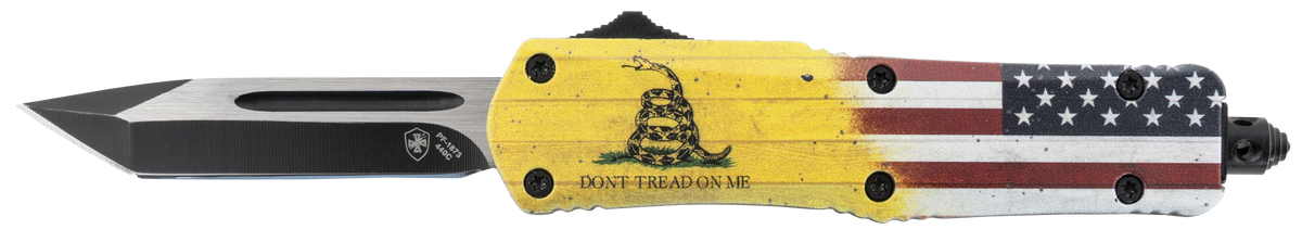 Templar Knife S-DTOM-23-1 Gen II Don't Tread On Me Small 2.69" OTF Plain Black Oxide 440C 4.25" Yellow w/Flag & Don't Tread On Me Aluminum Handle Glass Breaker
