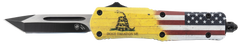 Templar Knife S-DTOM-23-1 Gen II Don't Tread On Me Small 2.69" OTF Plain Black Oxide 440C 4.25" Yellow w/Flag & Don't Tread On Me Aluminum Handle Glass Breaker