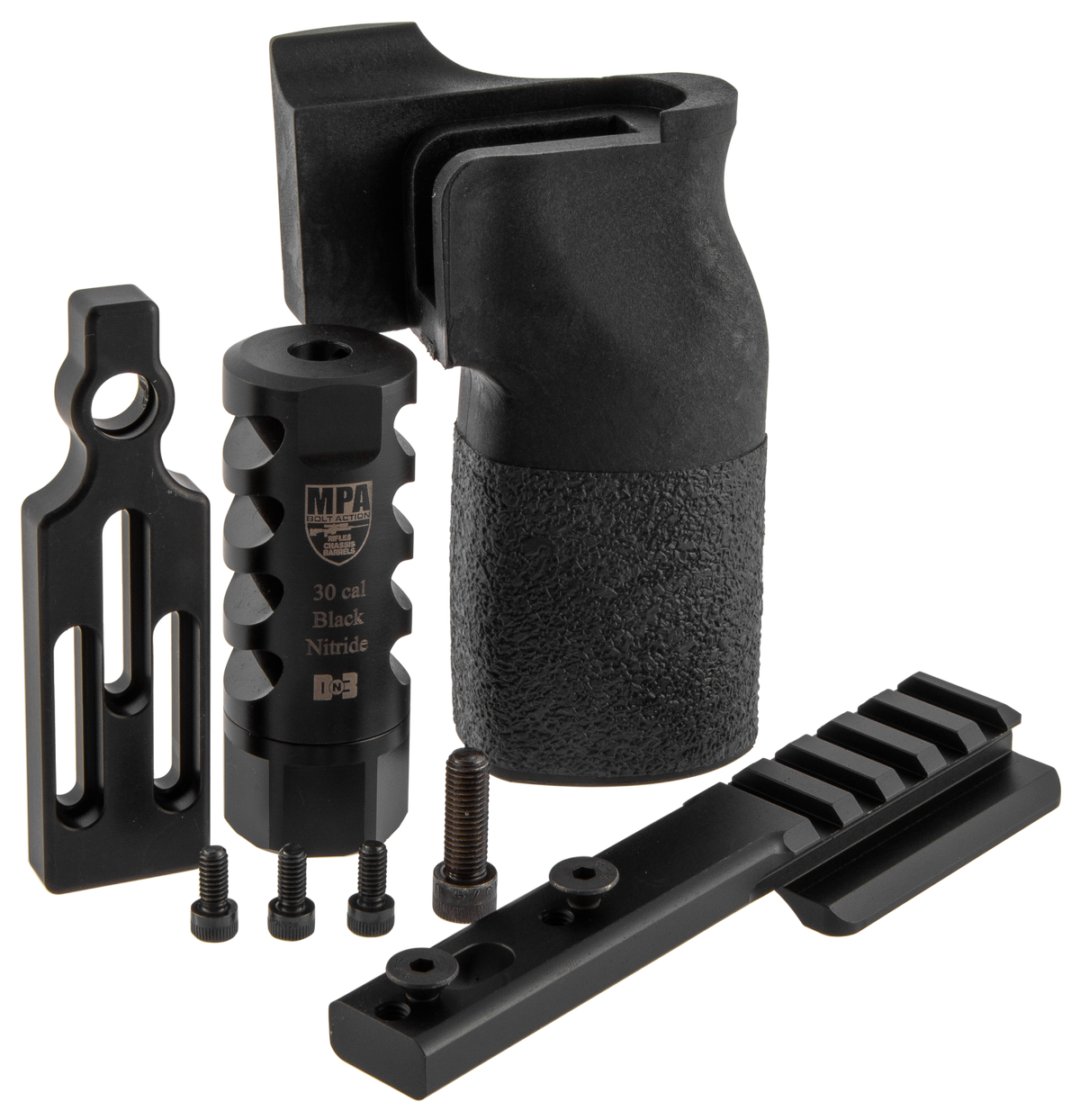 MasterPiece Arms 6.5 PMR Accessory Bundle - DN3 Muzzle Brake, Vertical Grip, V4 Spigot Mount & Bag Rider