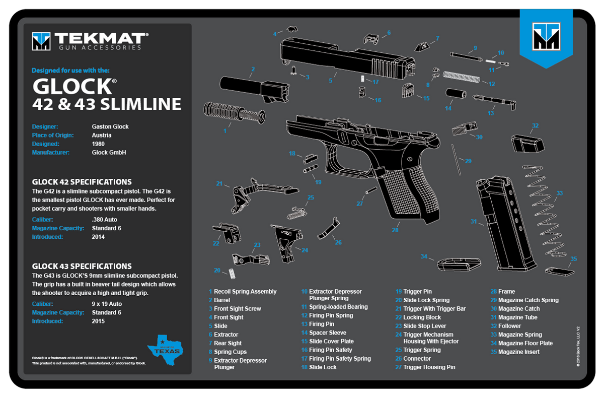 TekMat Glock 42/43 Cleaning Mat 11"x17" Rubber Black/Blue/White - Parts Diagram