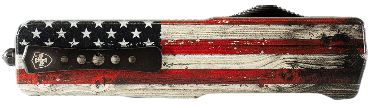 Templar Knife Premium Weighted Small 3" OTF Dagger Plain Black Oxide Stonewashed Powder Coated D2 Steel Blade 4.50" Painted Wood Grain US Flag Aluminum Handle