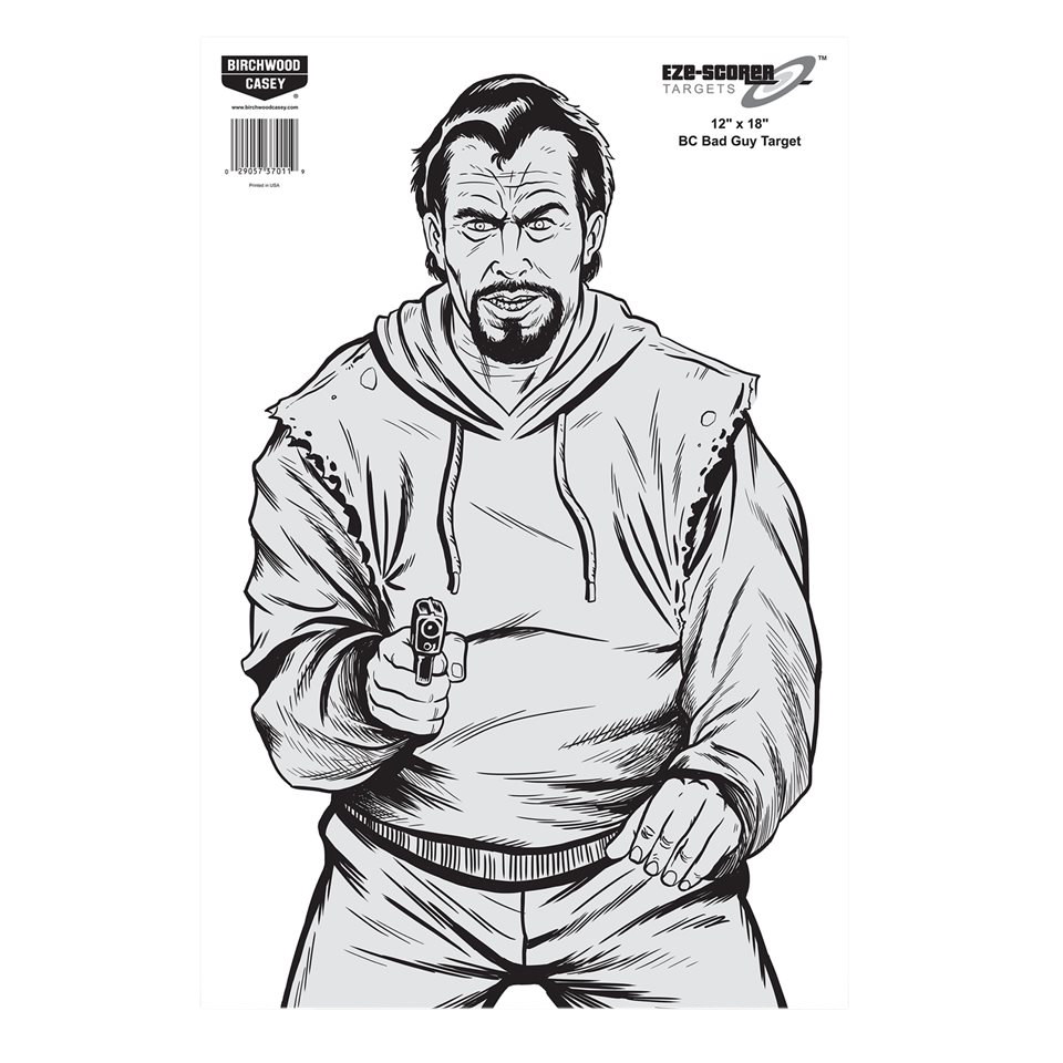 Birchwood Casey 37205 EZE-Scorer Bad Guy Silhouette Paper Hanging Pistol Target 12" x 18" 10 Pk - Black/Gray/White
