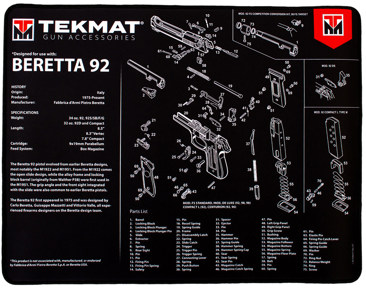 TekMat Beretta 92 Ultra 20 Cleaning Mat 15"x20" Rubber Black/White
