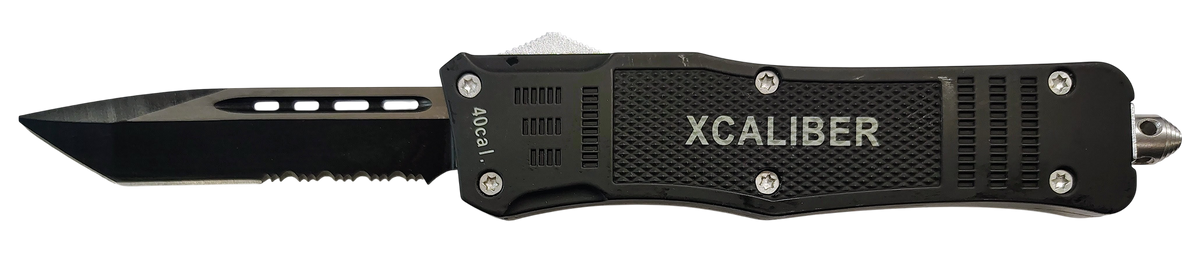 Xcaliber Knife Company 40 Cal Large 3.80" OTF Tanto Part Serrated Black 440C SS - 5.30" Steel Handle