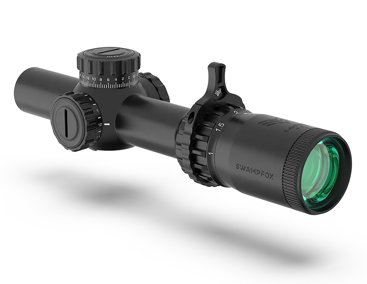 Swampfox Optics Tomahawk II 1-4x 24mm 30mm Tube SFP LPVO Riflescope - Bright Fiber Optic Red Reticle