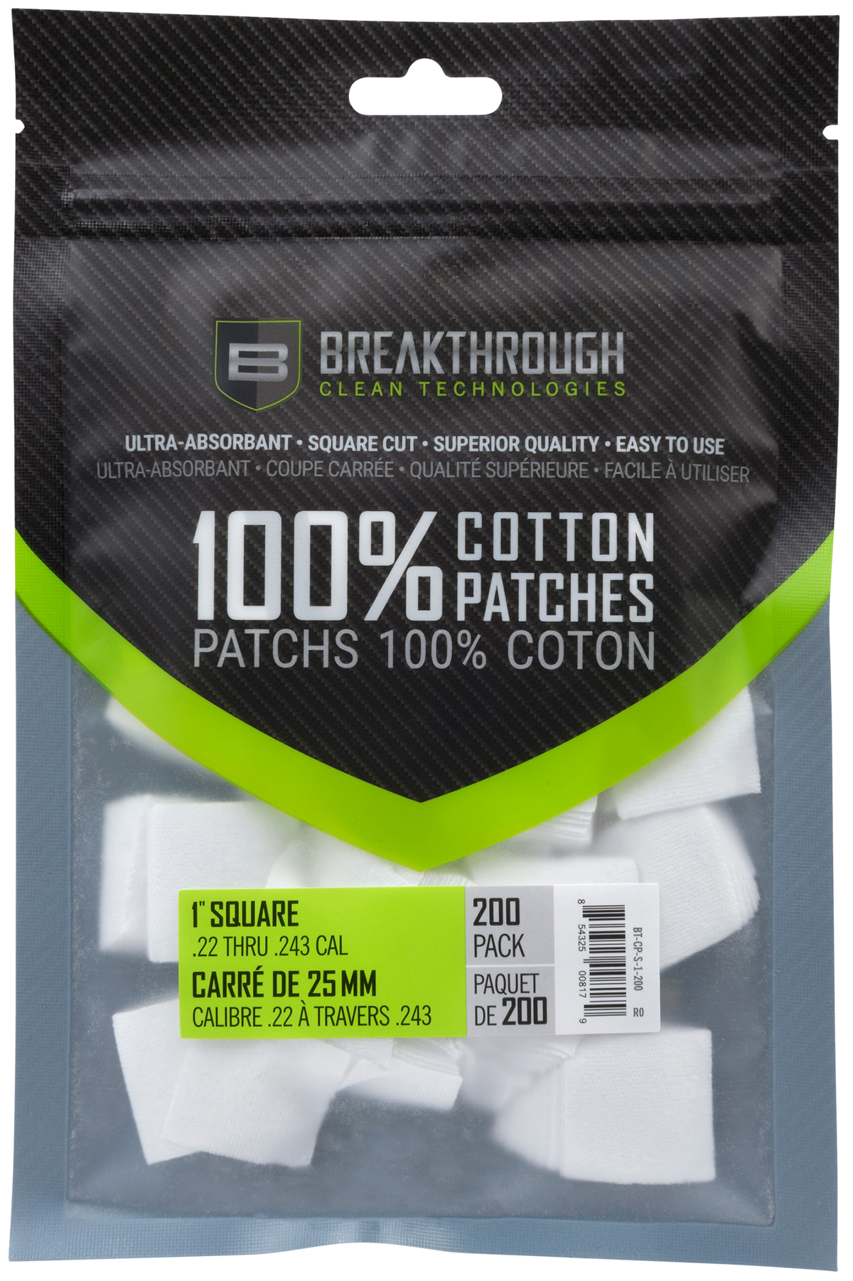 Breakthrough Clean Square Cotton Patches .22-.243 Cal 1 in 200-Pack
