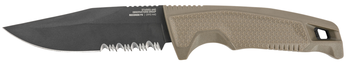 S.O.G Recondo FX 4.60" Fixed Clip Point Part Serrated Cryo 440C SS Satin TiCN FDE Rubberized Grip