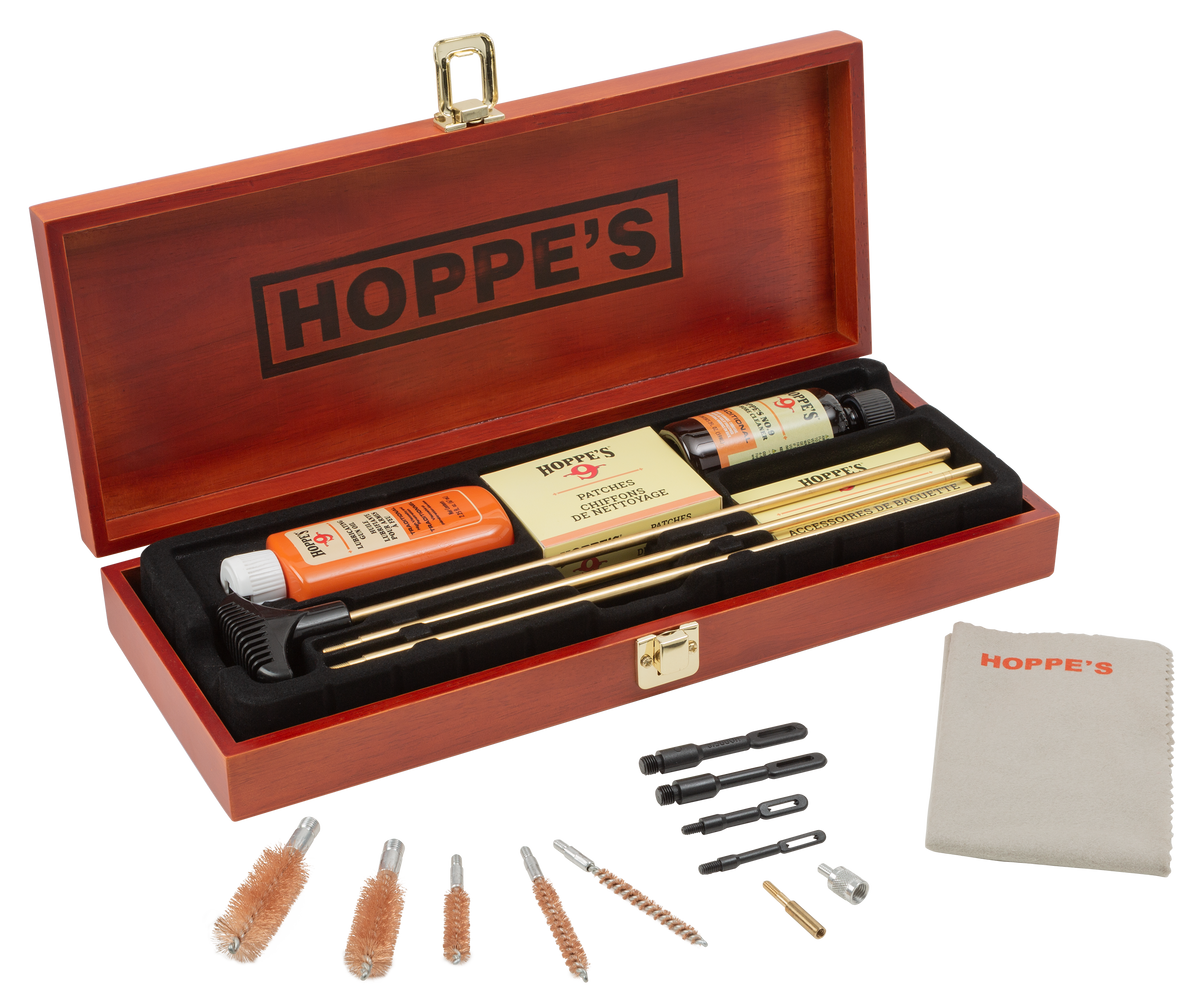 Hoppes BUOX Deluxe Cleaning Kit Multi-Caliber Rifle/Shotgun/Pistol Bronze Wood Box