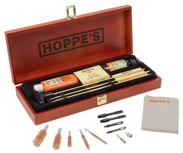 Hoppes BUOX Deluxe Cleaning Kit Multi-Caliber Rifle/Shotgun/Pistol Bronze Wood Box