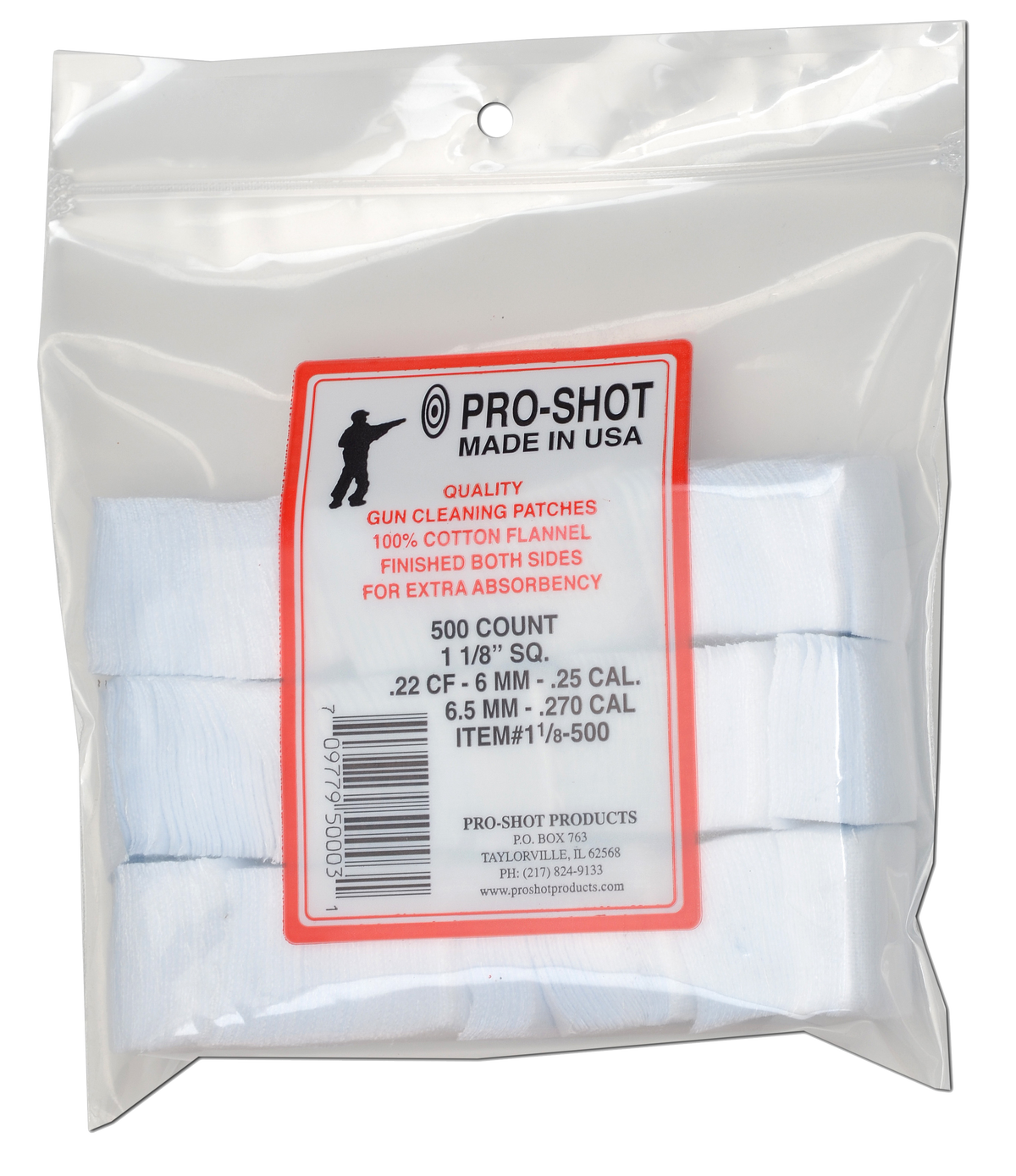 Pro-Shot 118500 Cleaning Patches .22-.270 Cal 1.125" Square Cotton Flannel - 500 Pack