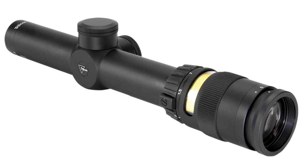 Trijicon AccuPoint 1-4x24mm 30mm Tube Illuminated Amber Triangle Post Riflescope - Black Hardcoat Anodized