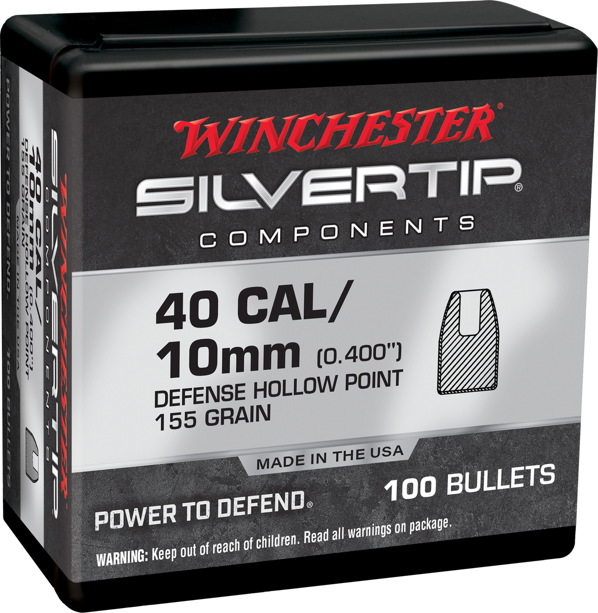 Winchester Ammo Centerfire Handgun 40 S&W 155gr Silvertip Hollow Point Reloading Bullets - 100/Box