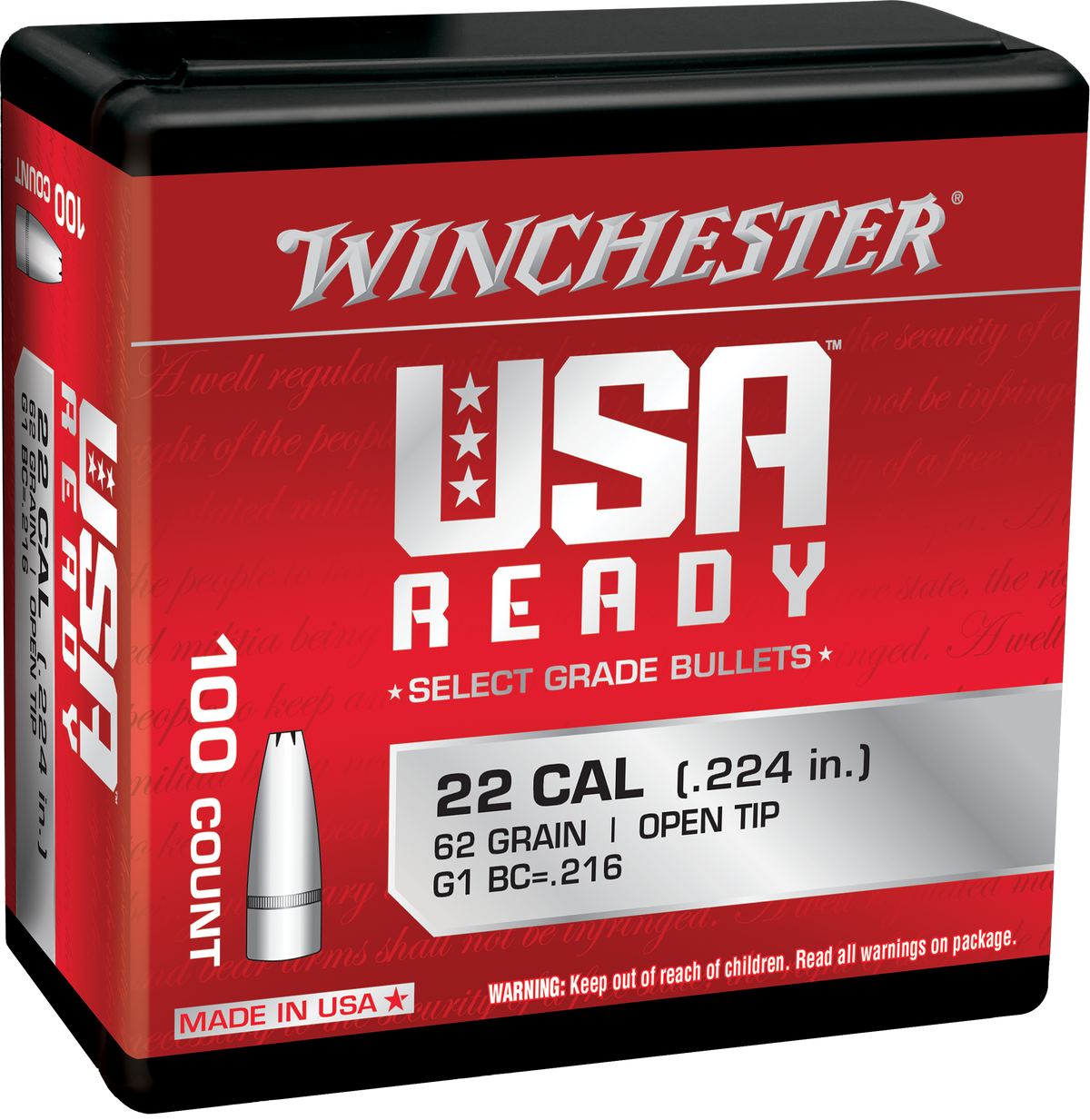 Winchester Ammo Centerfire Rifle 224 Valkyrie 62gr Open Tip Reloading Bullets - 100/Box
