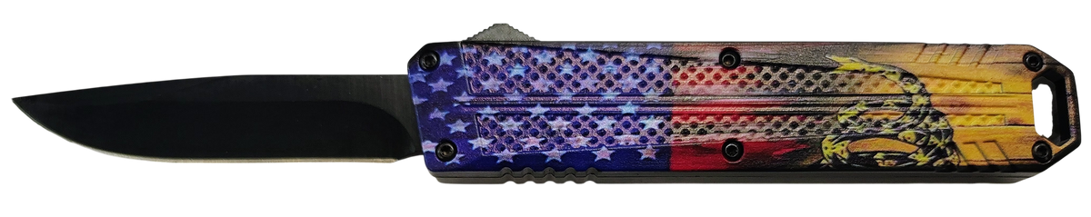 Xcaliber Knife Company Don't Tread on Me Medium 3.20" OTF Drop Point Plain Black 440C SS Blade - 4.80" US Flag Aluminum Handle