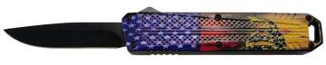 Xcaliber Knife Company Don't Tread on Me Medium 3.20" OTF Drop Point Plain Black 440C SS Blade - 4.80" US Flag Aluminum Handle