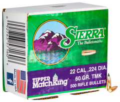 Sierra Tipped MatchKing 22 Cal .224 60gr Reloading Bullets - 500/Box