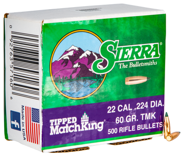 Sierra Tipped MatchKing 22 Cal .224 60gr Reloading Bullets - 500/Box