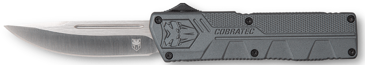 CobraTec Lightweight 3.25" OTF Drop Point Plain D2 Steel Blade Gray Aluminum Handle