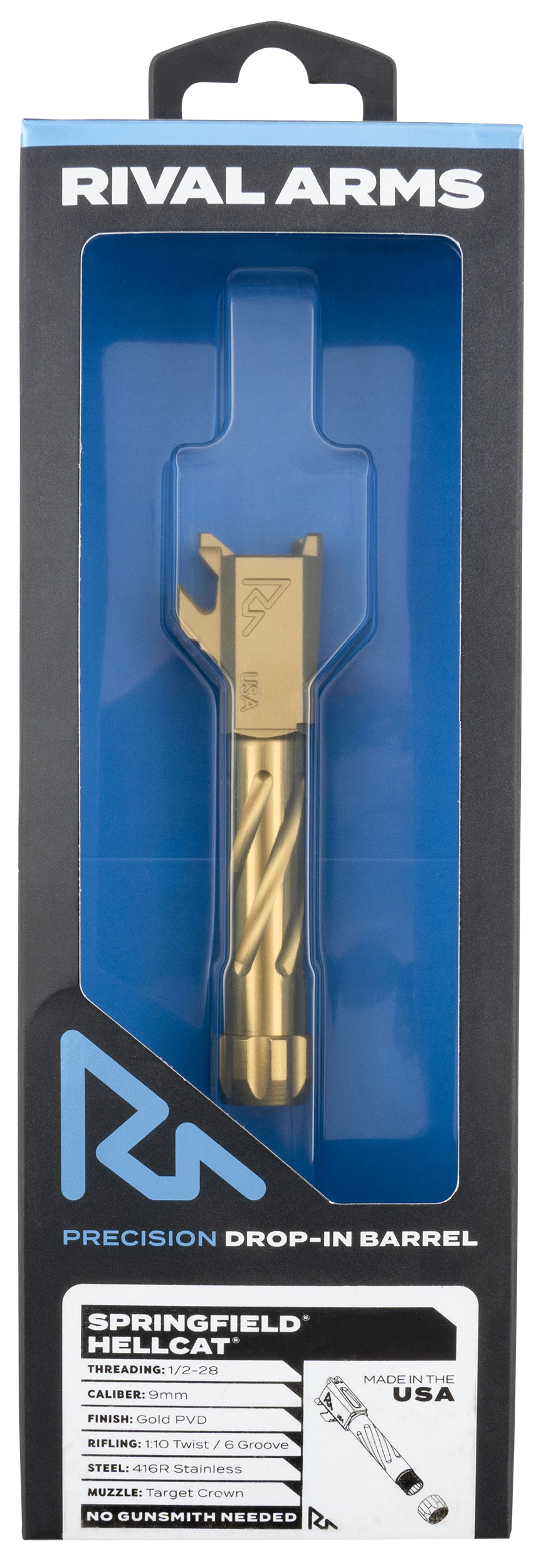 Rival Arms Precision V1 Match Grade Springfield Hellcat 9mm Luger 3" Spiral Fluted Threaded Stainless Steel Barrel - Gold PVD