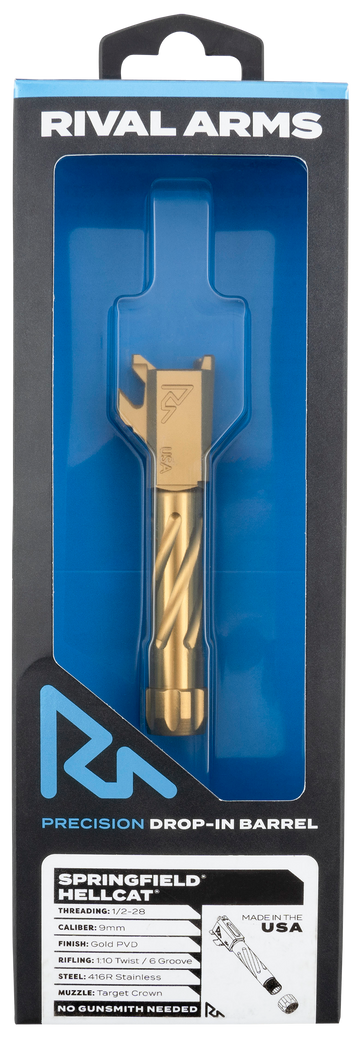 Rival Arms Precision V1 Match Grade Springfield Hellcat 9mm Luger 3" Spiral Fluted Threaded Stainless Steel Barrel - Gold PVD