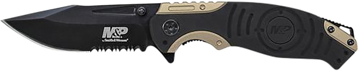 Smith & Wesson Knives M&P 3.50" Folding Drop Point Part Serrated 8Cr13MoV Stonewashed Black/Tan Aluminum