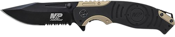 Smith & Wesson Knives M&P 3.50" Folding Drop Point Part Serrated 8Cr13MoV Stonewashed Black/Tan Aluminum