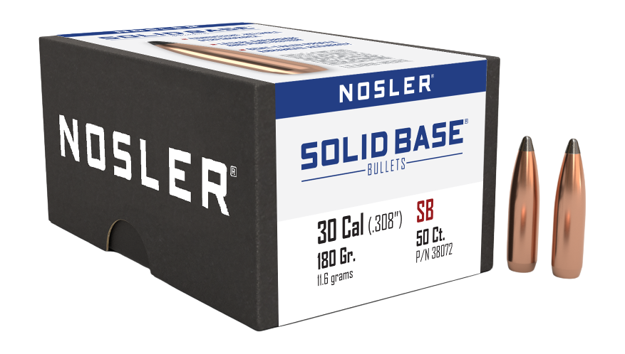 Nosler Solid Base .30 Cal 180gr Spitzer Reloading Bullets - 50/Box