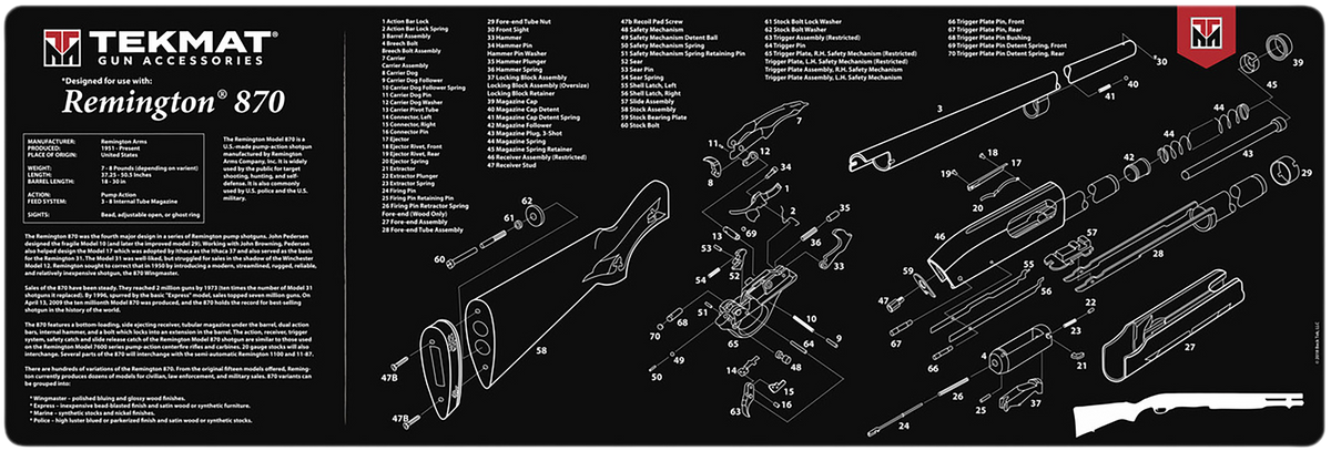 TekMat Remington 870 Cleaning Mat 12"x36" Rubber Black/White w/ Parts Diagram