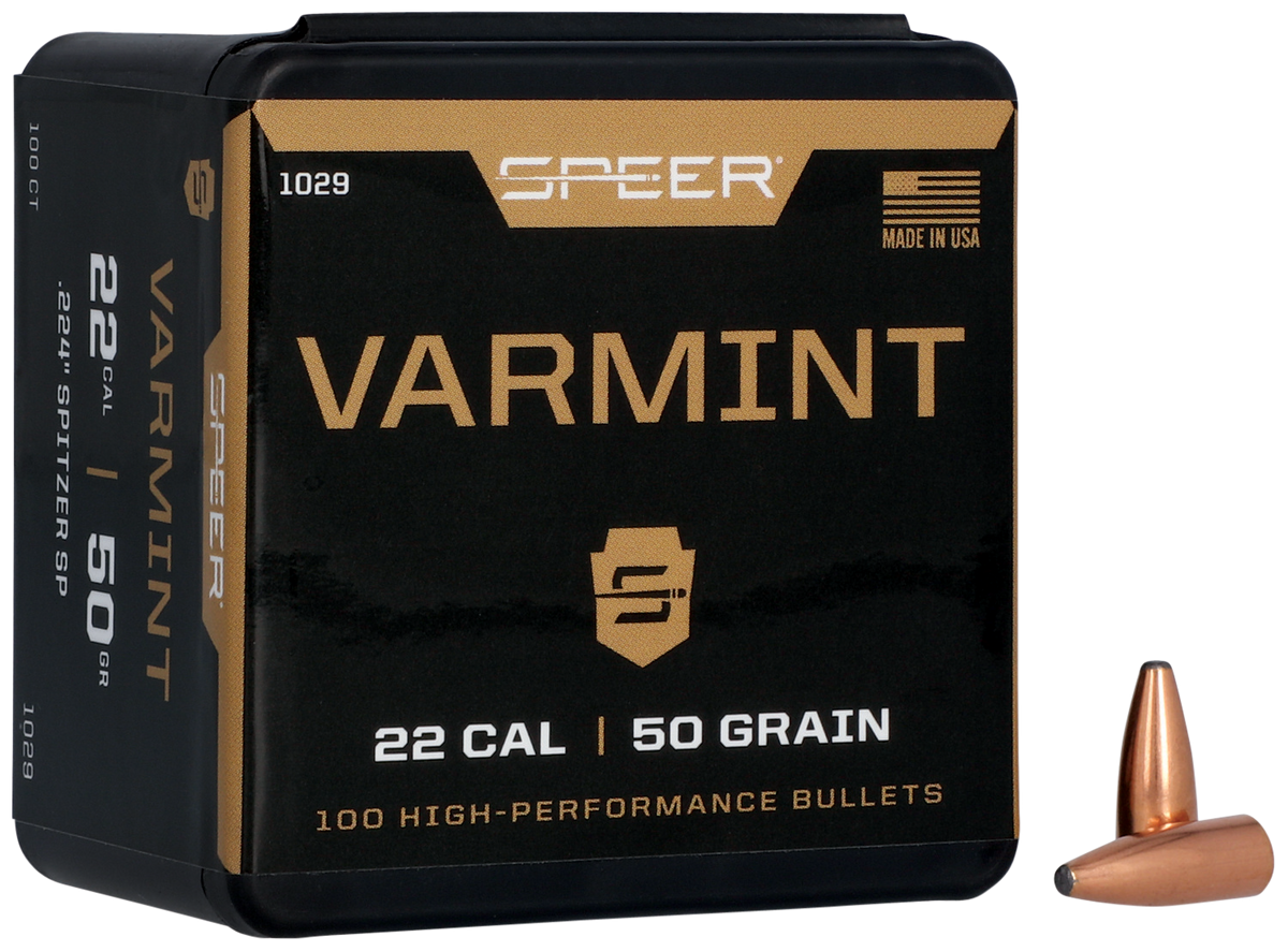Speer Ammo 1029 Varmint .22 Cal .224 50gr Jacketed Soft Point Reloading Bullets - 100/Box