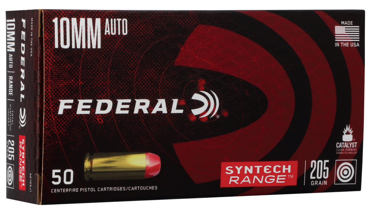 Federal Syntech Range 10mm Auto 205gr Total Syntech Jacket Flat Nose 50 Rd - Box or Case