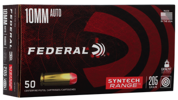 Federal Syntech Range 10mm Auto 205gr Total Syntech Jacket Flat Nose 50 Rd - Box or Case