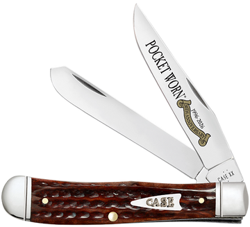 Case Pocket Worn Trapper 4.13" 2-Blade Folding Clip Point/Spey Plain Tru-Sharp SS - Corn Cob Jigged Mahogany Bone