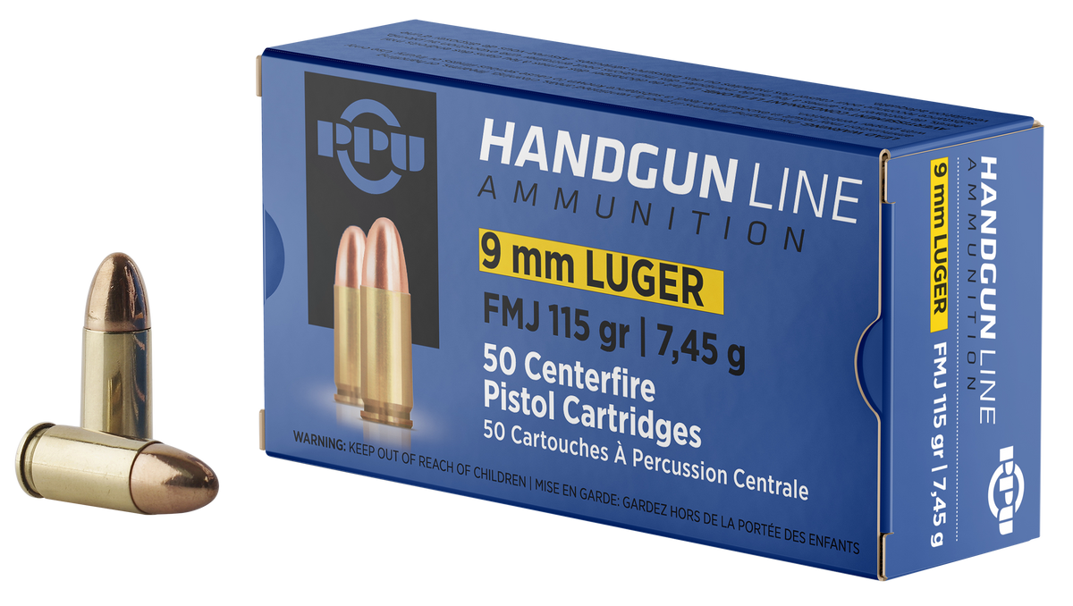 PPU PPH9F1 9mm Luger 115gr Full Metal Jacket 50 Rounds - Box or Case