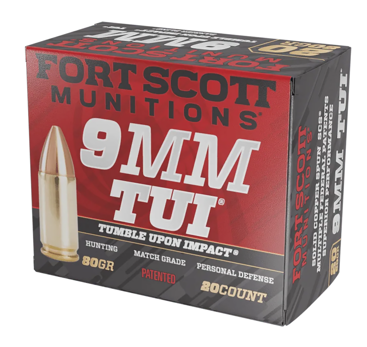 Fort Scott Munitions Tumble Upon Impact (TUI) 9mm Luger 80 gr Solid Copper Spun - Box or Case