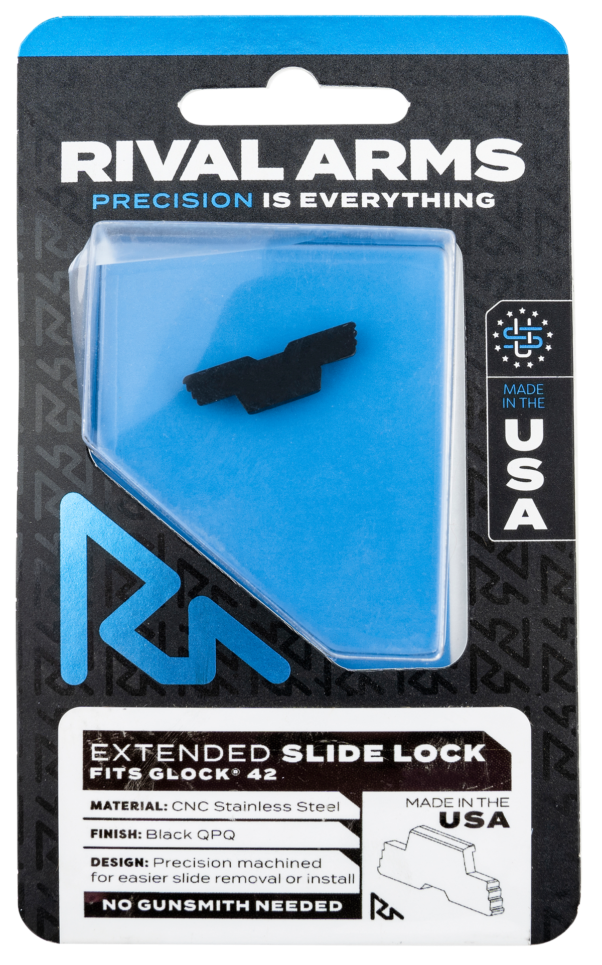 Rival Arms Extended Slide Lock - Fits Glock 42 - Black QPQ Stainless Steel